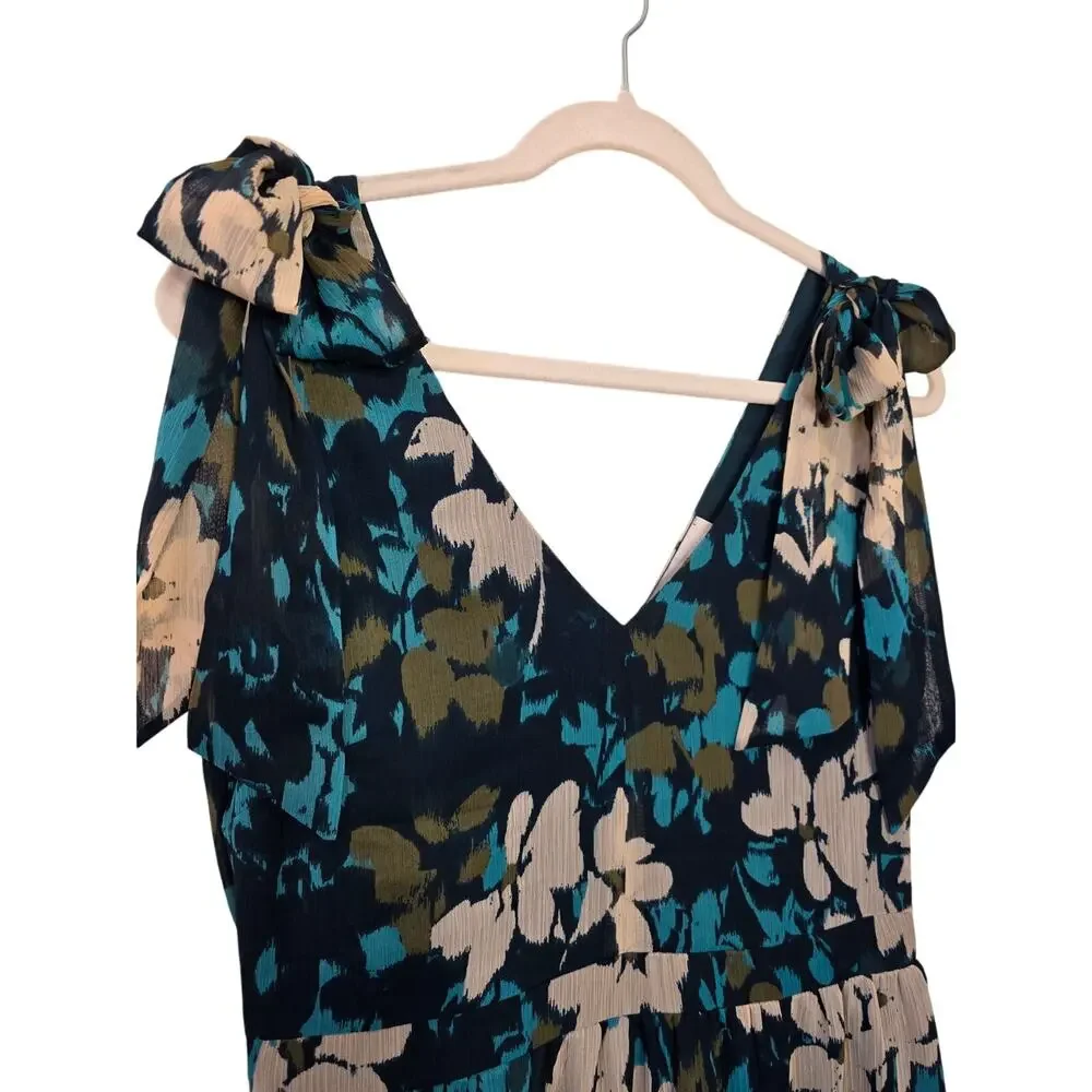 NWT LOFT Beige/Teal Floral Ruffle with Shoulder-Ties Dress - Picture 6 of 9